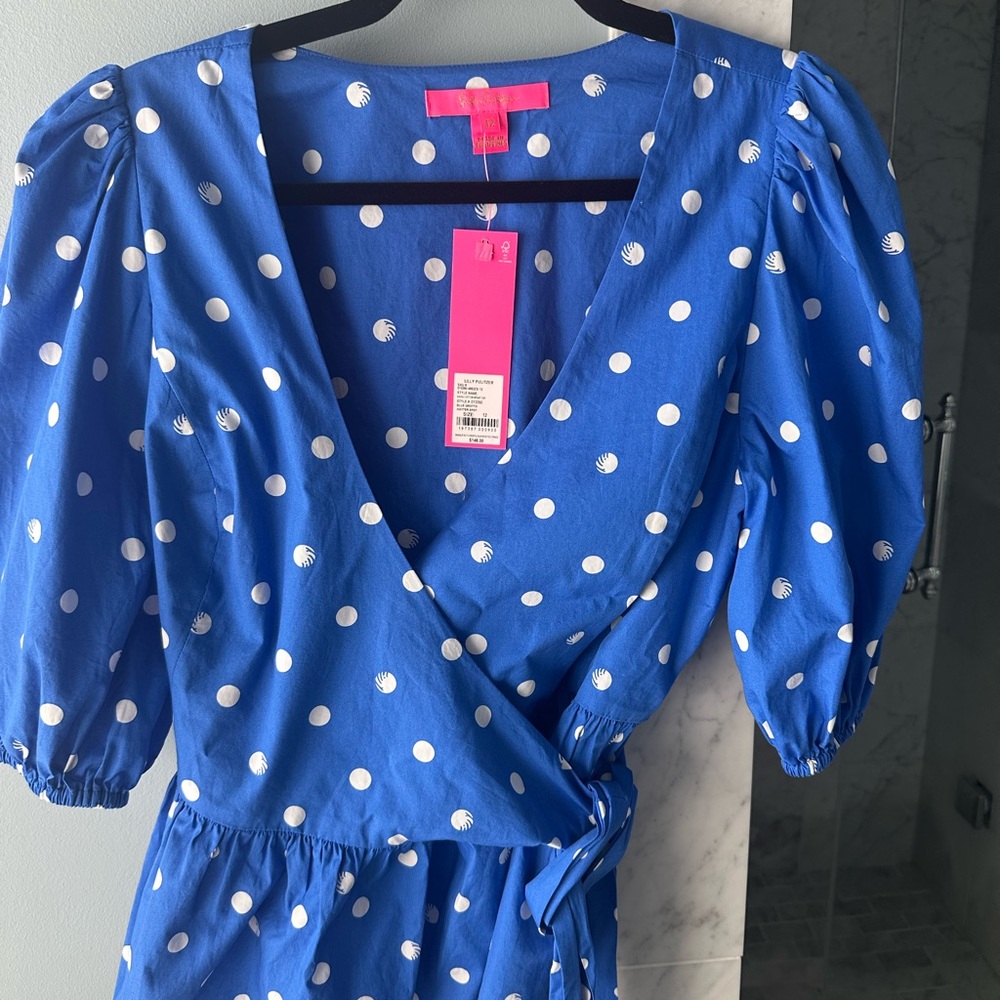 New with tags! Lilly Pulitzer Kara Cotton Wrap Top blue grotto hot spot size 12 - Picture 6 of 7
